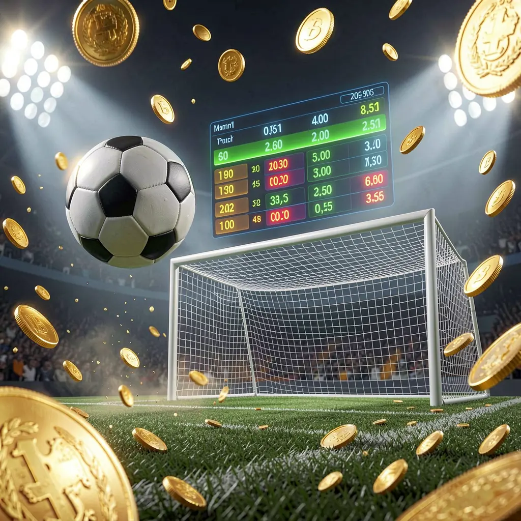 AR188 premium match betting visual showing a soccer ball flying toward the goal in a stadium with floodlights, glowing odds interface, and golden coins creating a dynamic sports betting atmosphere AR188 premium match betting visual showing a soccer ball flying toward the goal in a stadium with floodlights, glowing odds interface, and golden coins creating a dynamic sports betting atmosphere