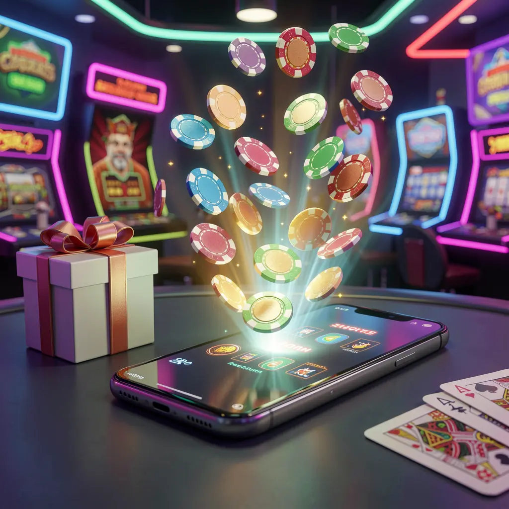 AR188 mobile casino bonus scene showing a modern smartphone with glowing casino chips and coins emerging from the screen, accompanied by a gift box and playing cards in a bright neon casino atmosphere AR188 mobile casino bonus scene showing a modern smartphone with glowing casino chips and coins emerging from the screen, accompanied by a gift box and playing cards in a bright neon casino atmosphere