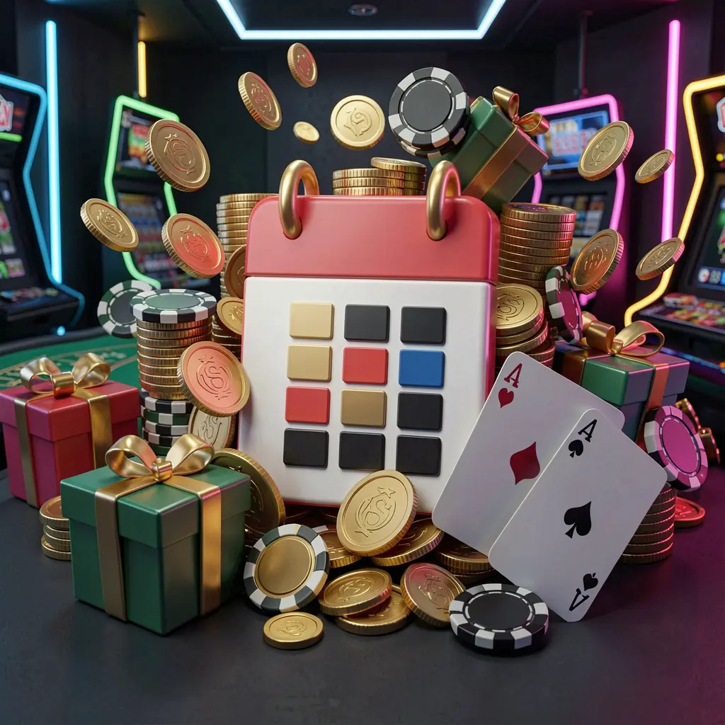 AR188 weekly online casino bonus concept featuring a calendar icon surrounded by golden coins, gift boxes, poker chips, and playing cards in a festive casino atmosphere with neon lights on a dark modern background AR188 weekly online casino bonus concept featuring a calendar icon surrounded by golden coins, gift boxes, poker chips, and playing cards in a festive casino atmosphere with neon lights on a dark modern background