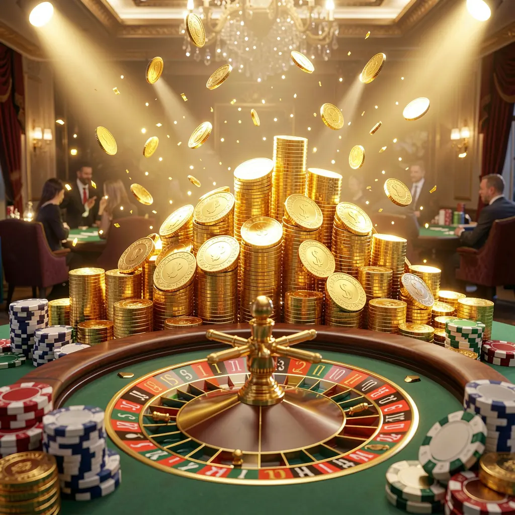 AR188 casino jackpot scene featuring golden coins, colorful poker chips, a roulette wheel, and bright glowing lights creating a luxury celebration atmosphere in a realistic 3D render AR188 casino jackpot scene featuring golden coins, colorful poker chips, a roulette wheel, and bright glowing lights creating a luxury celebration atmosphere in a realistic 3D render