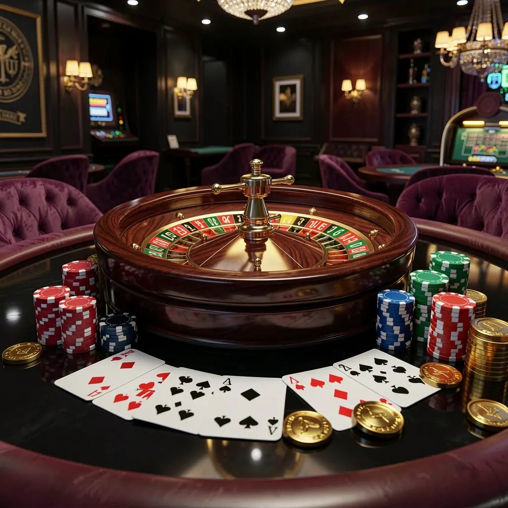 AR188 modern online casino scene featuring a roulette wheel, playing cards, poker chips, and golden coins on a glossy table with a dark luxury background in a realistic 3D illustration AR188 modern online casino scene featuring a roulette wheel, playing cards, poker chips, and golden coins on a glossy table with a dark luxury background in a realistic 3D illustration