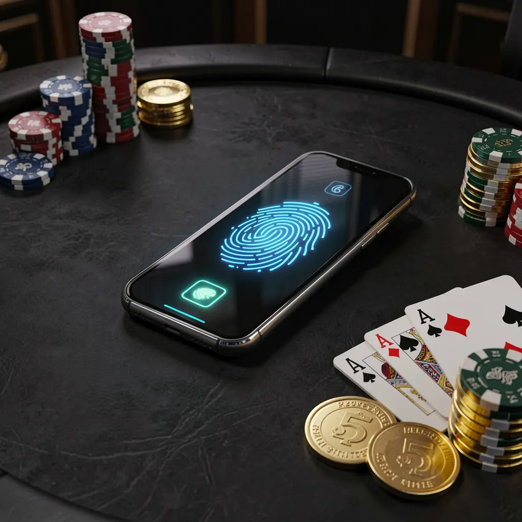 AR188 online casino authentication concept showing a phone with a glowing fingerprint scan on a premium black table surrounded by poker chips, golden coins, and playing cards in a cinematic 3D render
