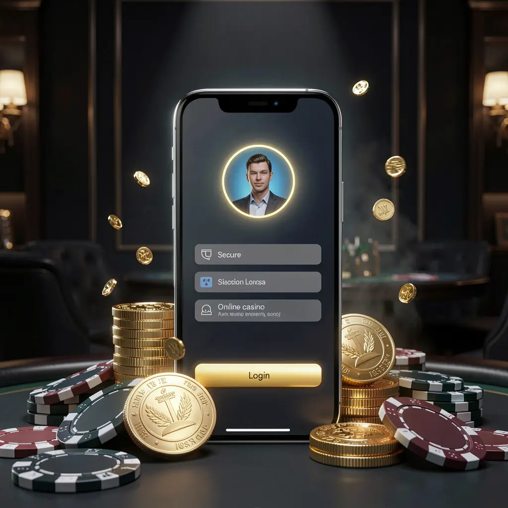 AR188 online casino login page hero banner featuring a modern smartphone with a secure login screen, glowing user profile icon, surrounded by golden coins and poker chips on a dark luxury background