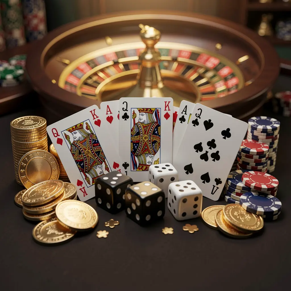 AR188 elegant online casino homepage featuring royal flush cards, dice, golden coins, poker chips on a dark table with a glowing roulette wheel in the background
